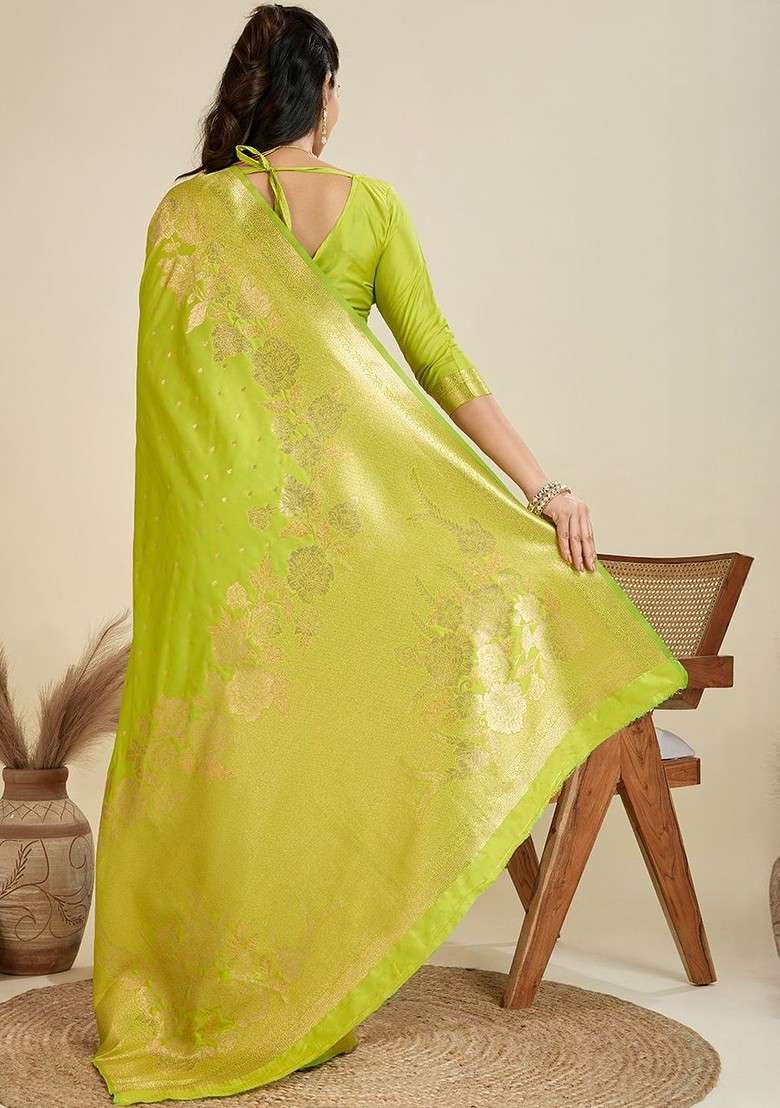 Lime Green Printed Blended Saree Set for Diwali and Festive Wear - Indya