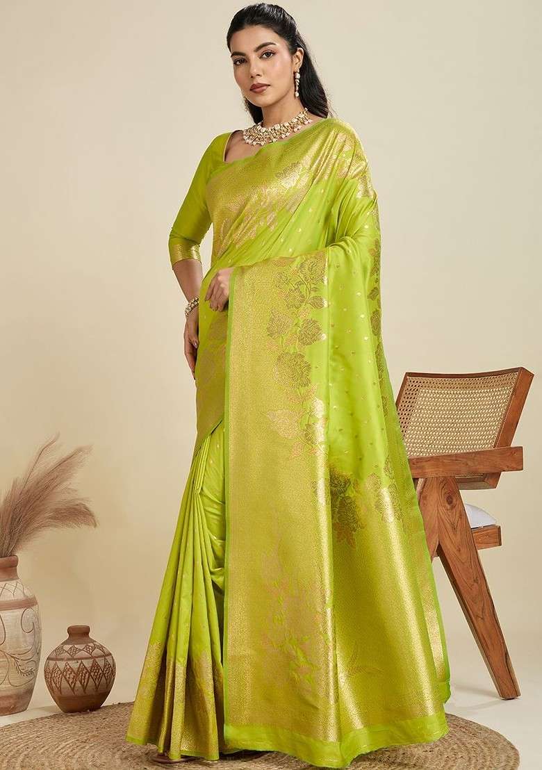 Lime Green Printed Blended Saree Set for Diwali and Festive Wear - Indya