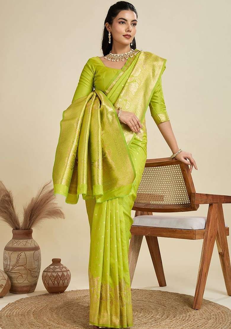 Lime Green Printed Blended Saree Set for Diwali and Festive Wear - Indya