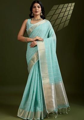 Turquoise Blue Embroidered Blended Saree Set