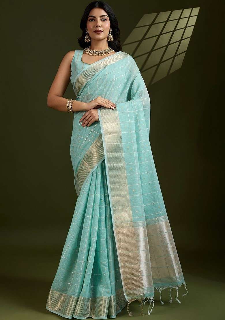 Turquoise Blue Blended Saree Set with Embroidered for Diwali | Wedding & Festive Wear - Indya