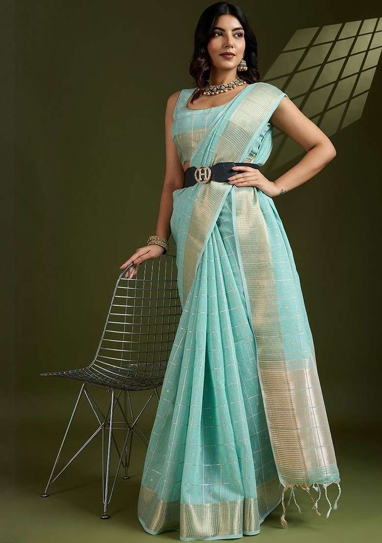 Turquoise Blue Blended Saree Set with Embroidered for Diwali | Wedding & Festive Wear - Indya