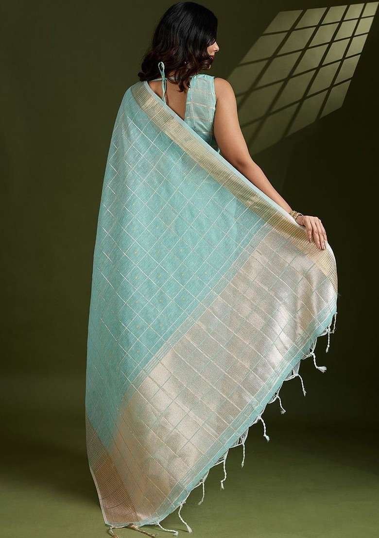 Turquoise Blue Blended Saree Set with Embroidered for Diwali | Wedding & Festive Wear - Indya