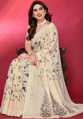Cream Printed Blended Saree Set