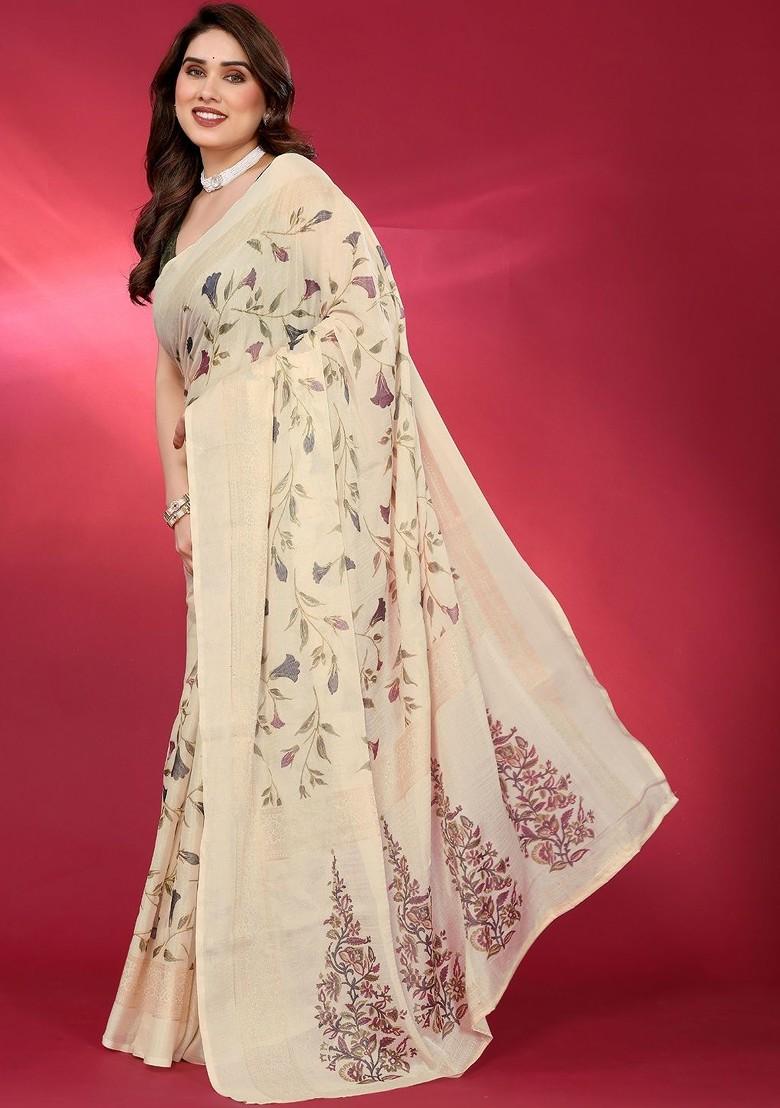 Cream Printed Blended Saree Set - Indya