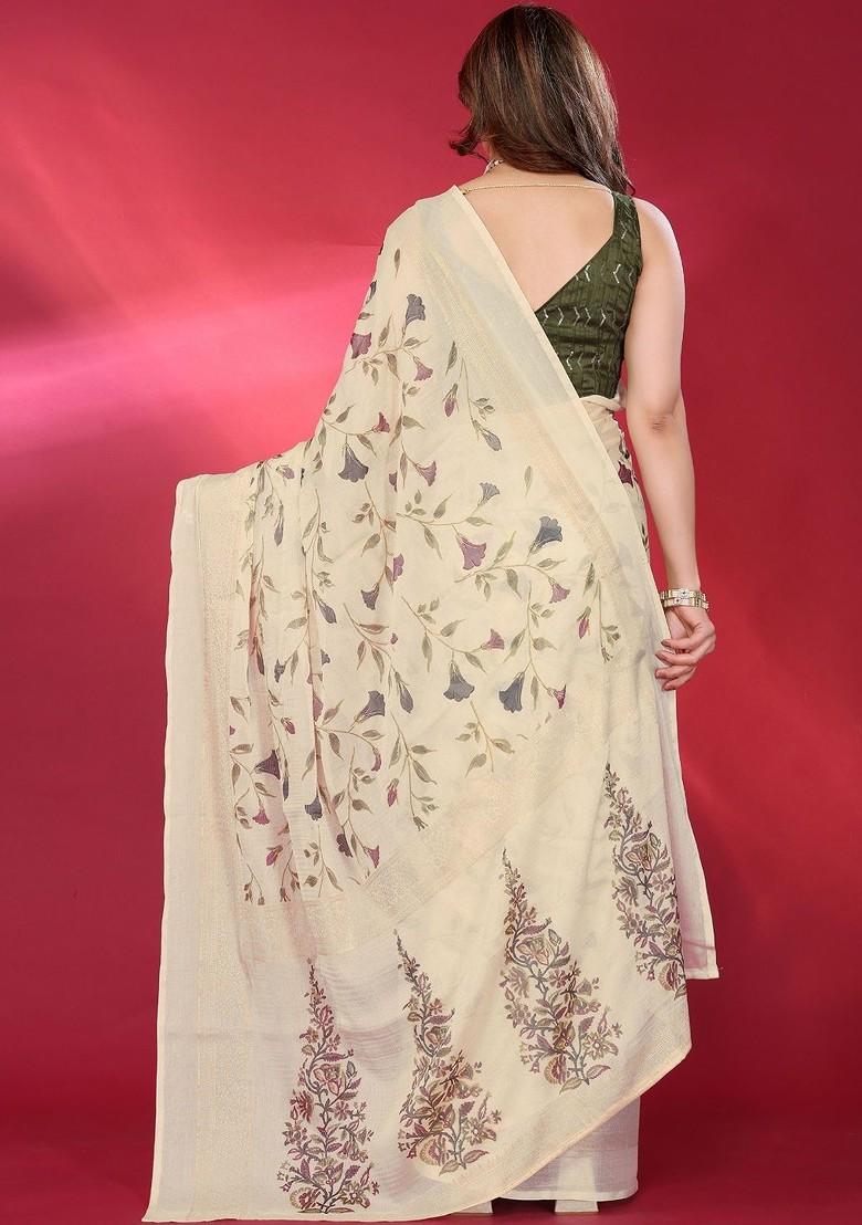 Cream Printed Blended Saree Set - Indya