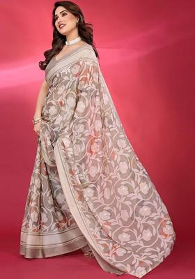 Cream Printed Blended Saree Set