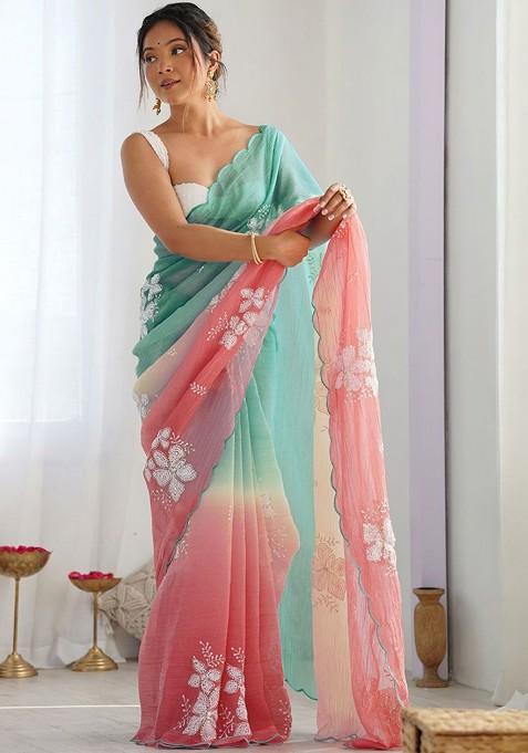 Pink Embroidered Blended Saree Set