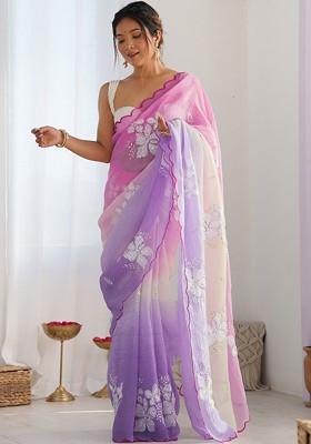 Purple Sequin Embellished Blended Saree Set