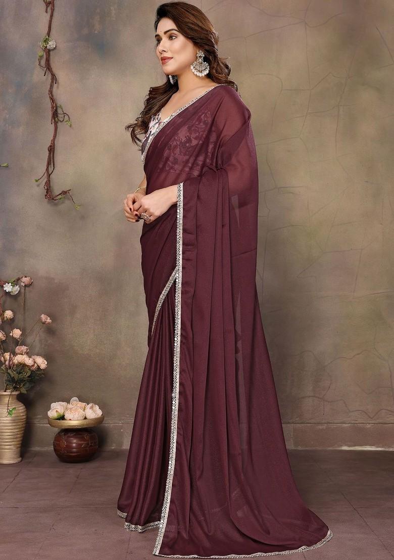 Maroon Embroidered Blended Saree Set - Indya