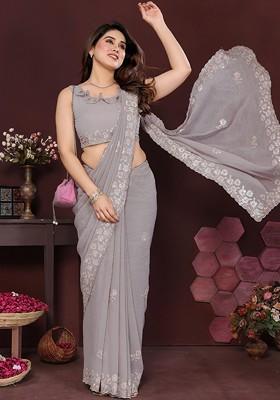 Grey Printed Blended Saree Set