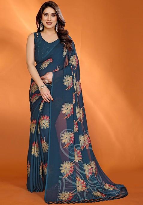 Blue Printed Blended Saree Set