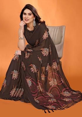 Brown Printed Blended Saree Set