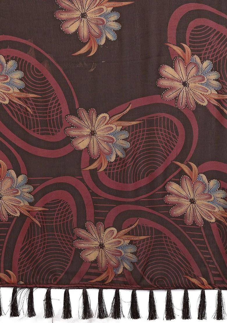 Brown Printed Blended Saree Set - Indya