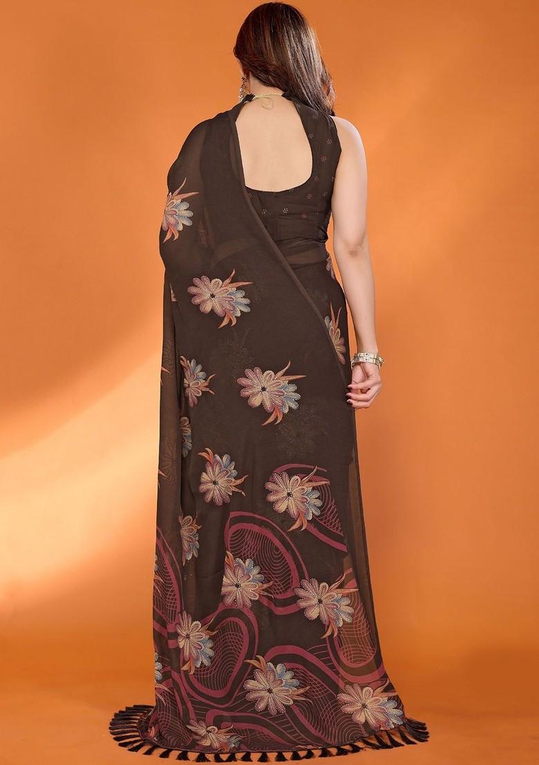 Brown Printed Blended Saree Set - Indya