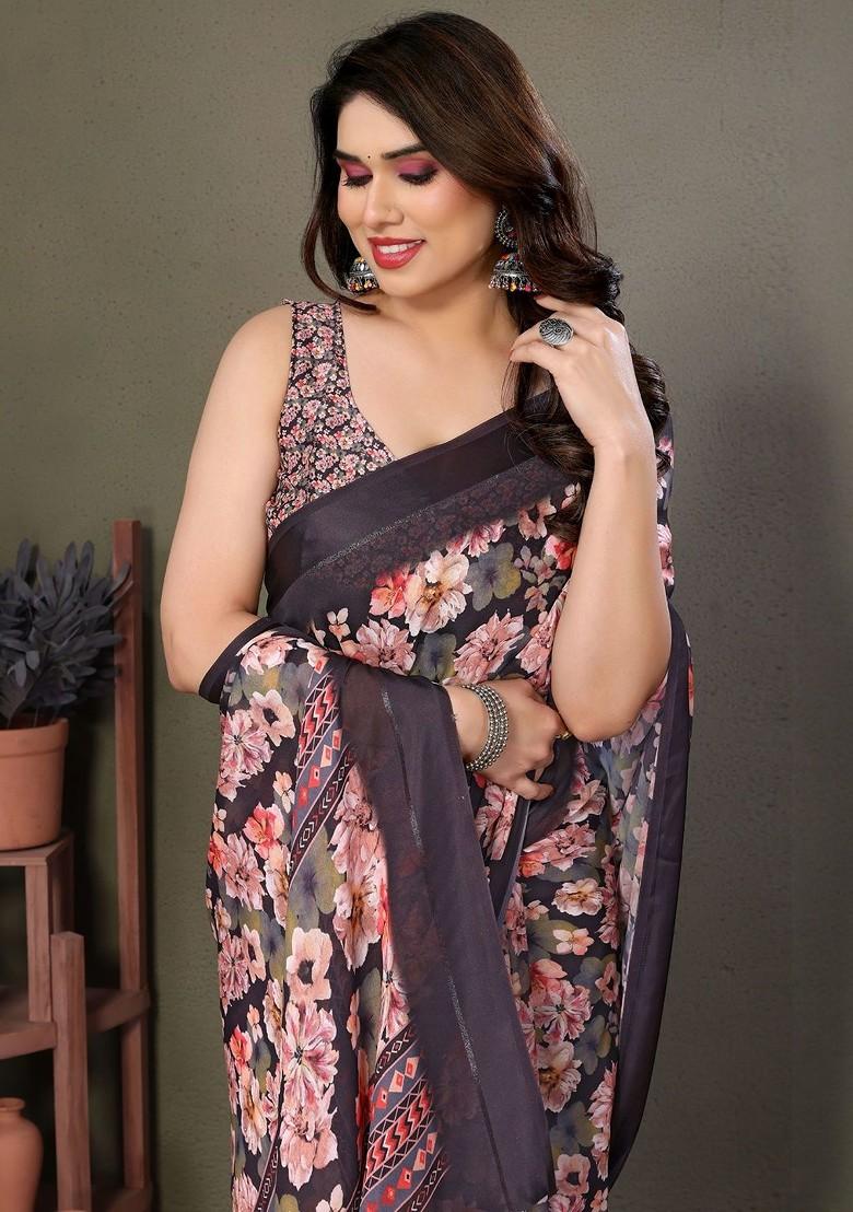 Peach Embroidered Blended Saree Set - Indya