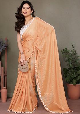 Cream Embroidered Blended Saree Set