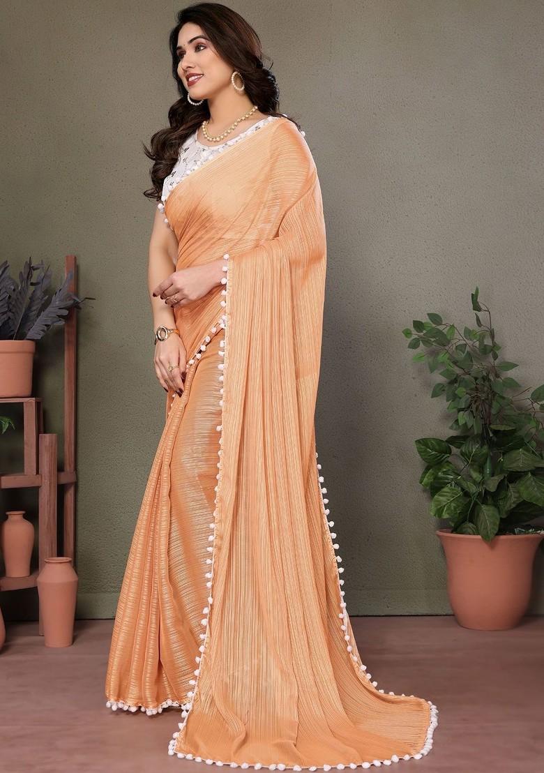 Cream Embroidered Blended Saree Set - Indya