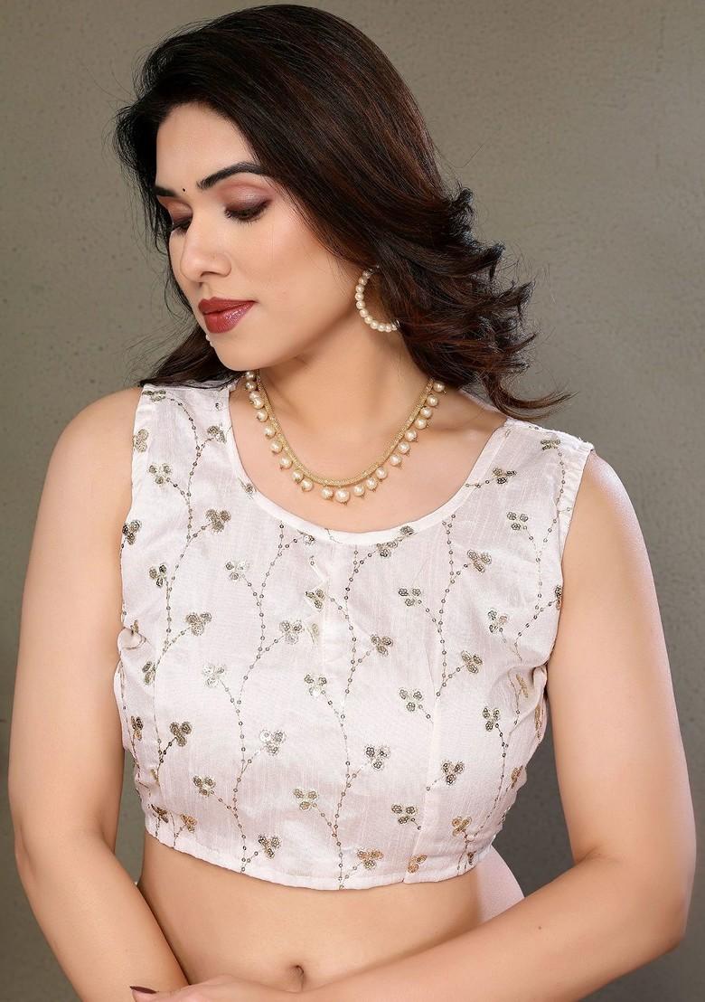 Cream Embroidered Blended Saree Set - Indya