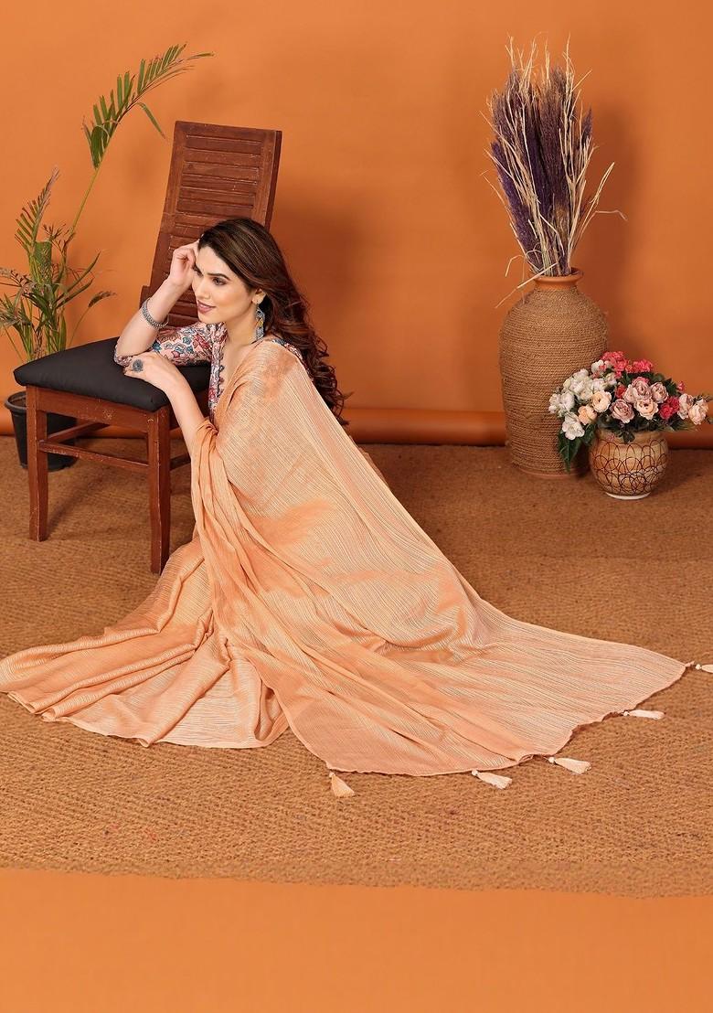Cream Embroidered Blended Saree Set - Indya