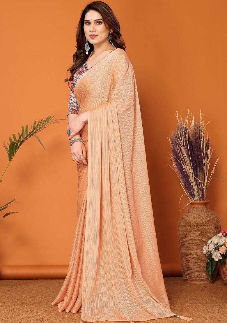 Cream Embroidered Blended Saree Set - Indya