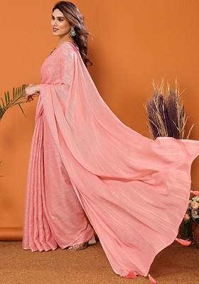 Peach Embroidered Blended Saree Set
