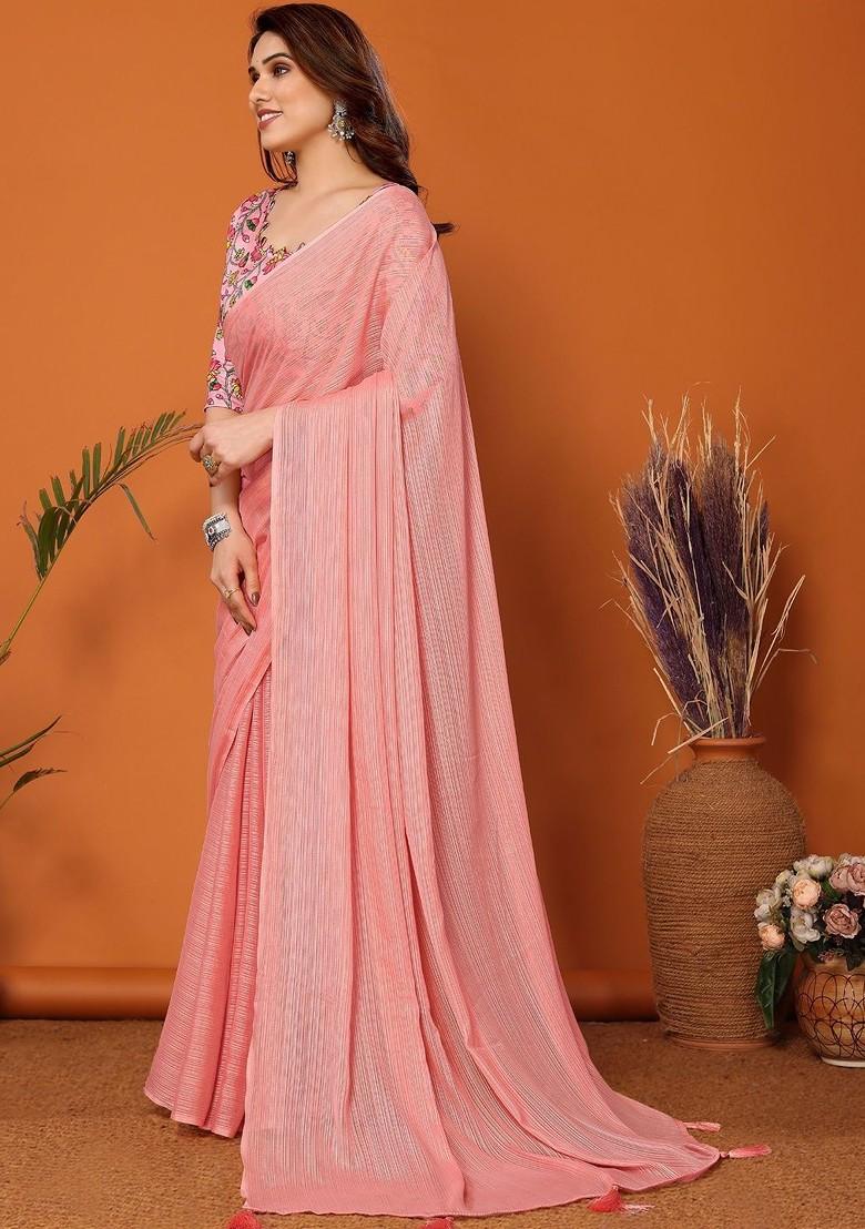Peach Embroidered Blended Saree Set - Indya