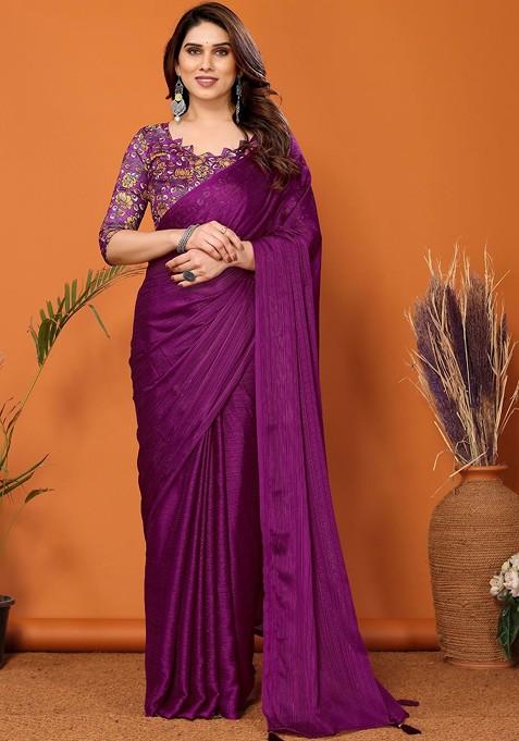 Purple Embroidered Blended Saree Set
