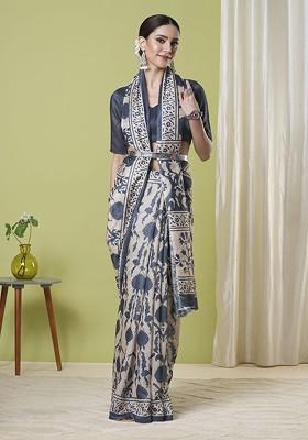 Grey Printed Blended Saree Set