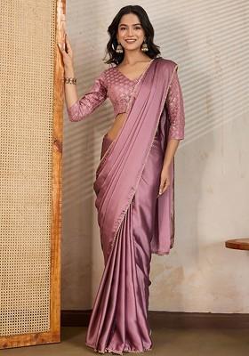 Purple Embellished Blended Saree Set