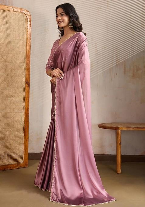 Purple Embellished Blended Saree Set