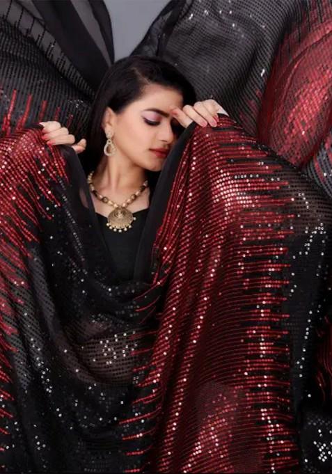 Red Embellished Blended Saree Set — view on Indya
