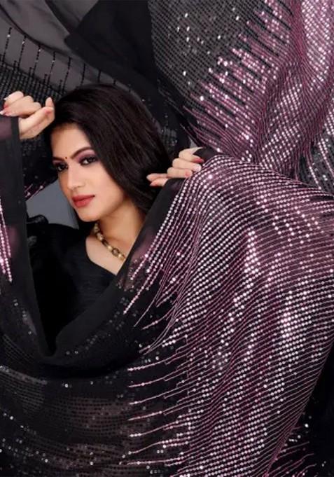 Black Sequin Embellished Blended Saree Set — view on Indya