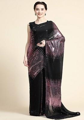 Purple Sequin Embellished Blended Saree Set