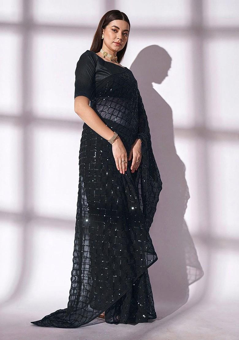 Black Sequin Embellished Blended Saree Set - Indya
