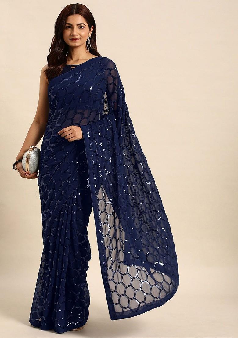 Blue Embellished Blended Saree Set