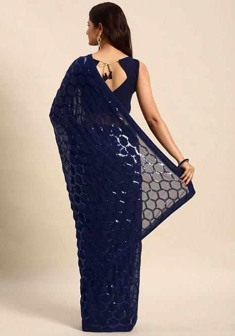 Blue Embellished Blended Saree Set