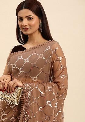 Brown Embellished Blended Saree Set