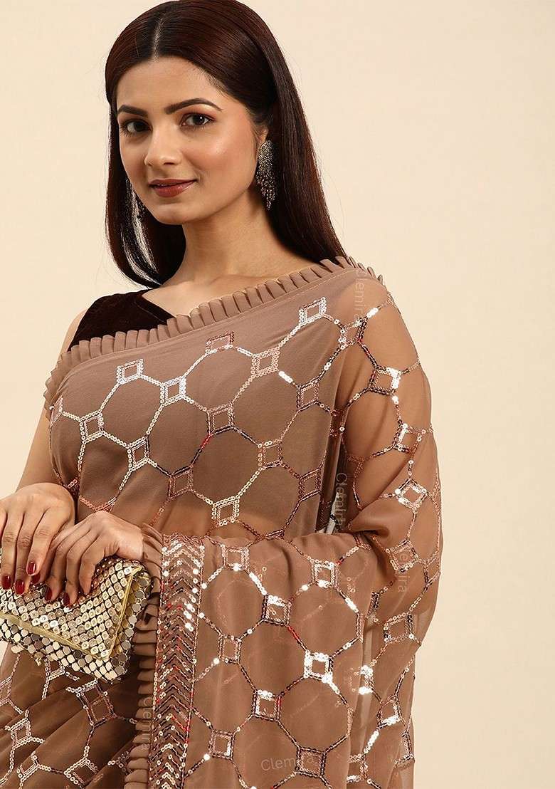 Brown Embellished Blended Saree Set for Diwali | Wedding & Festive Wear - Indya