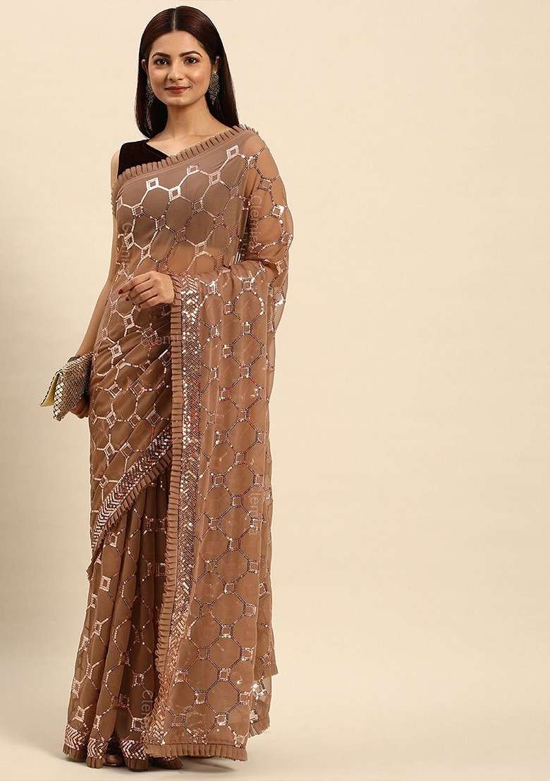 Brown Embellished Blended Saree Set for Diwali | Wedding & Festive Wear - Indya