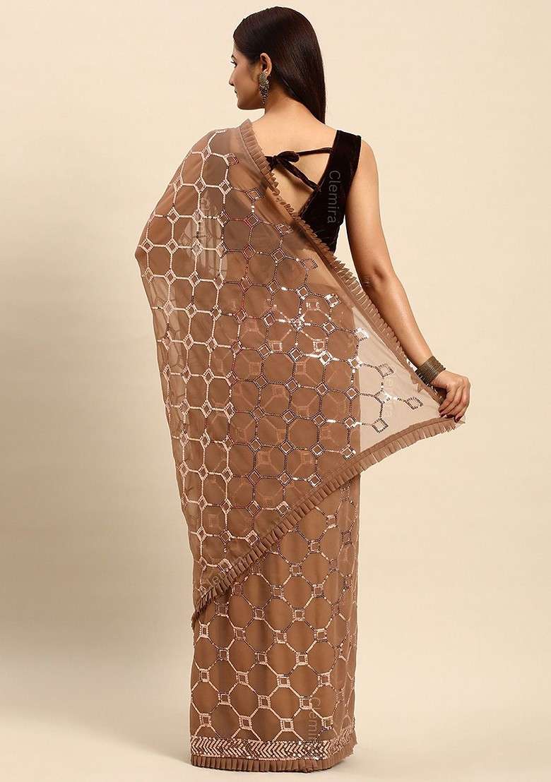 Brown Embellished Blended Saree Set for Diwali | Wedding & Festive Wear - Indya