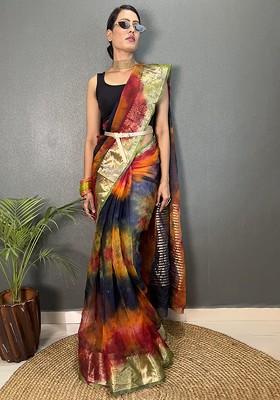 Red Printed Blended Saree Set