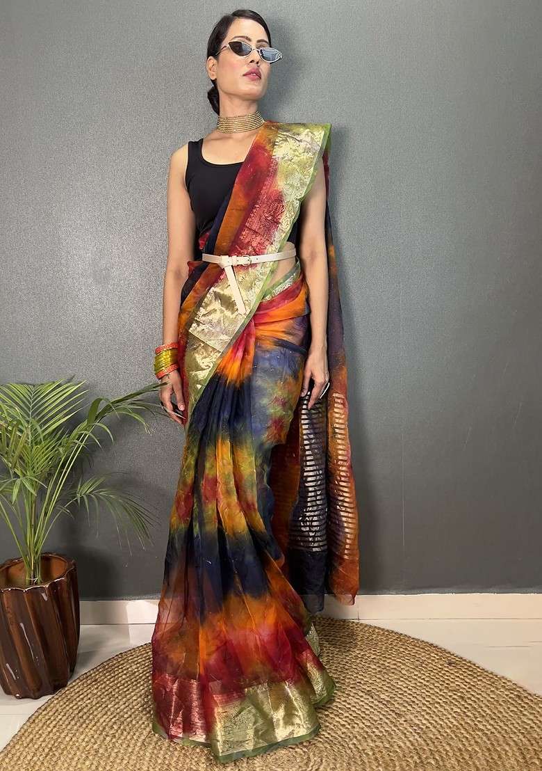 Red Blended Saree Set with Printed for Diwali | Wedding & Festive Wear - Indya