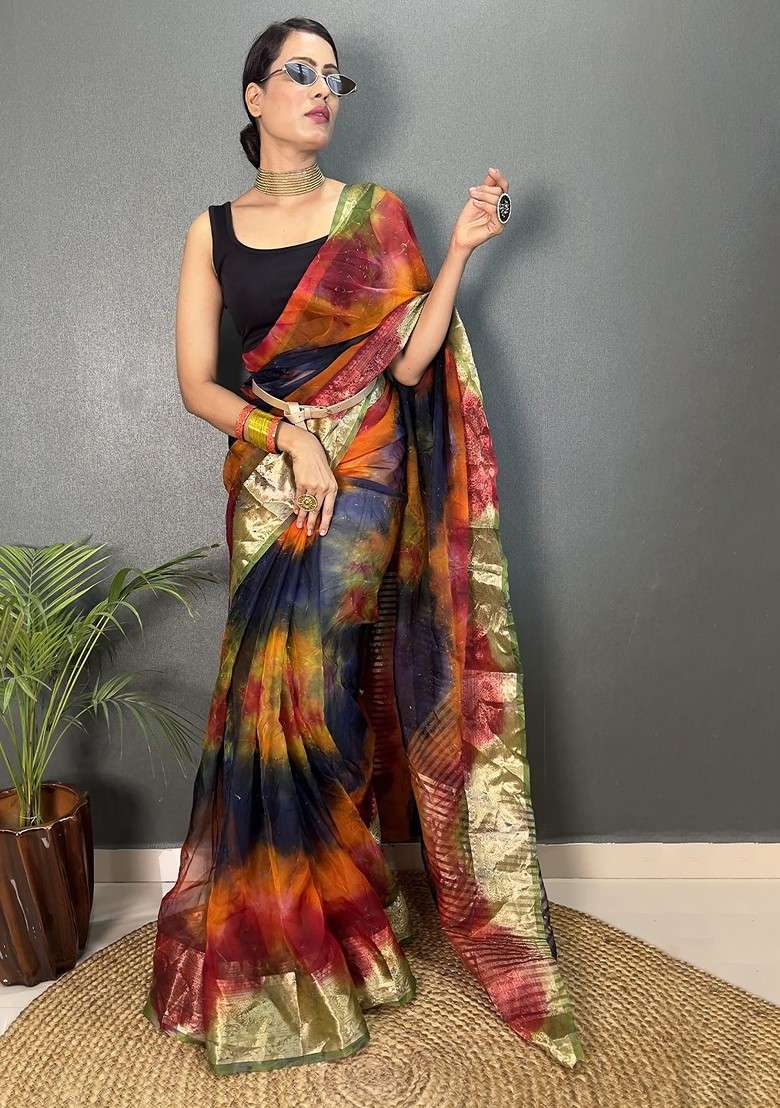 Red Blended Saree Set with Printed for Diwali | Wedding & Festive Wear - Indya