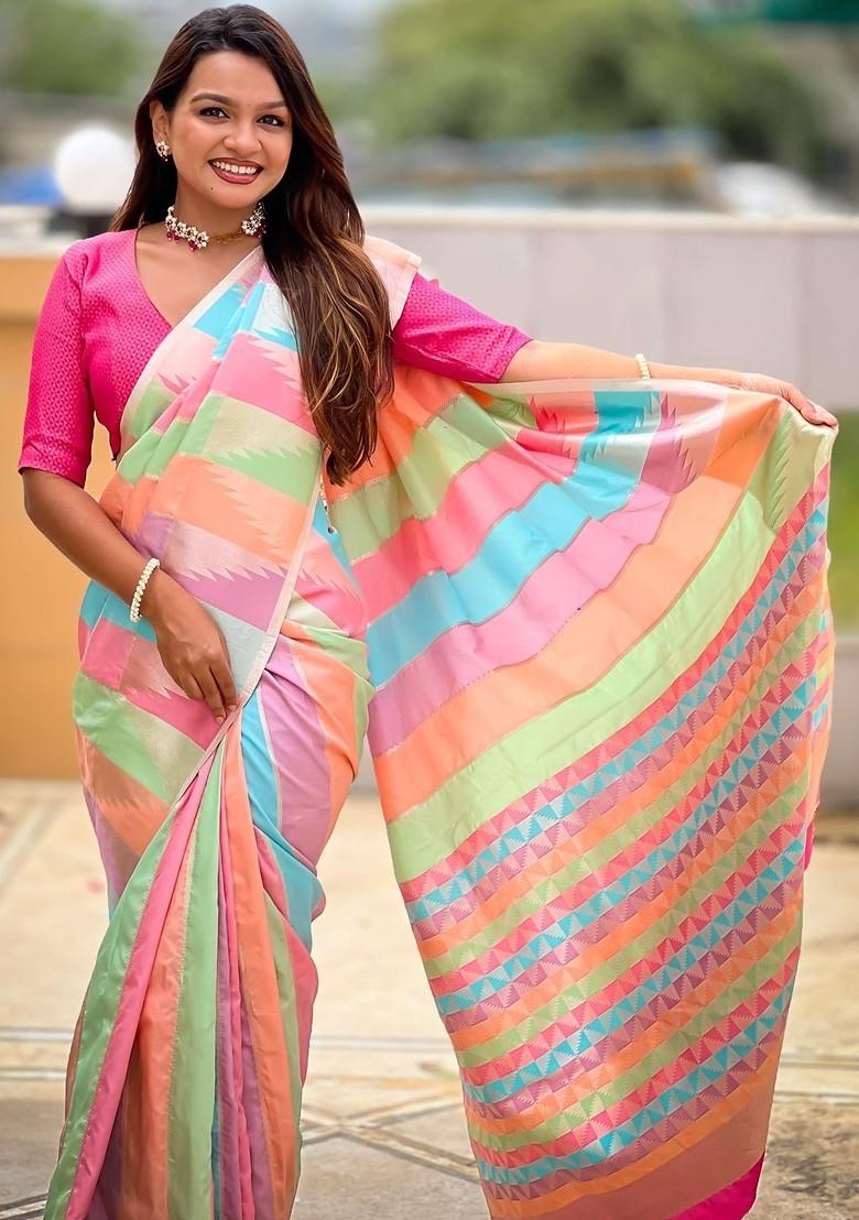 Multi Embroidered Blended Saree Set - Indya