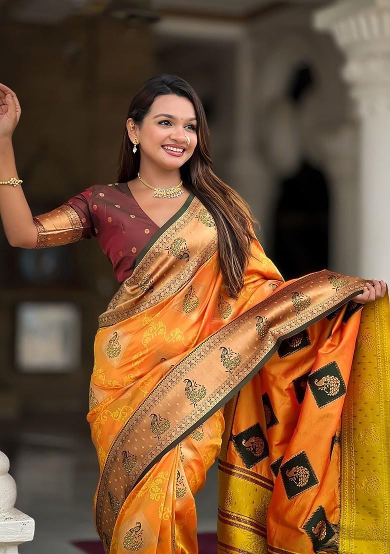 Orange Embroidered Blended Saree Set - Indya