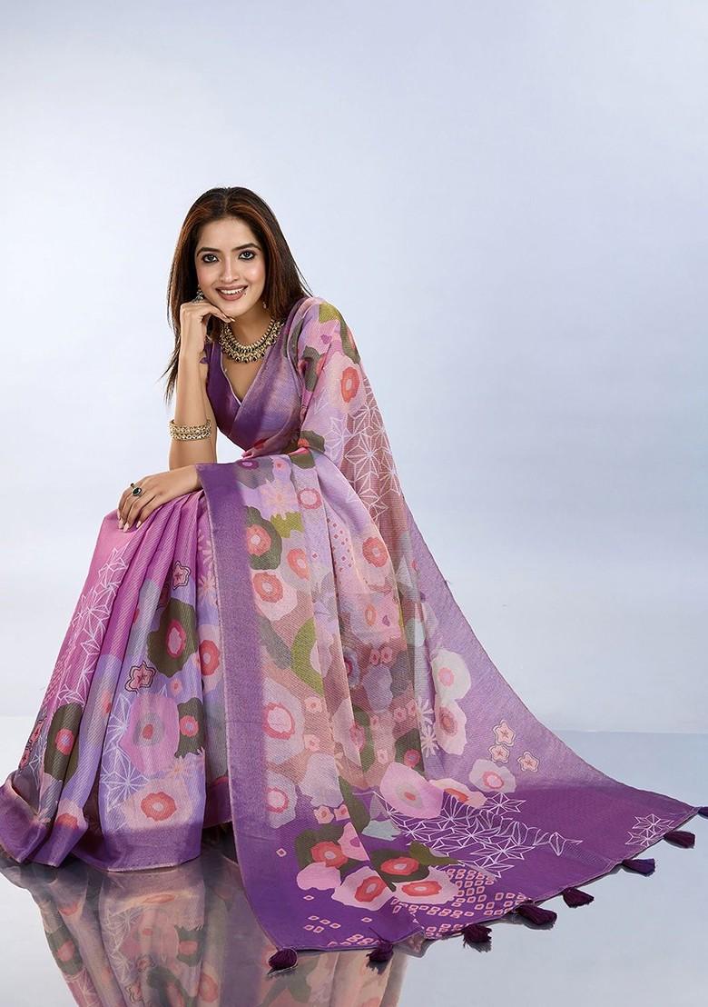 Brown Printed Blended Saree Set - Indya