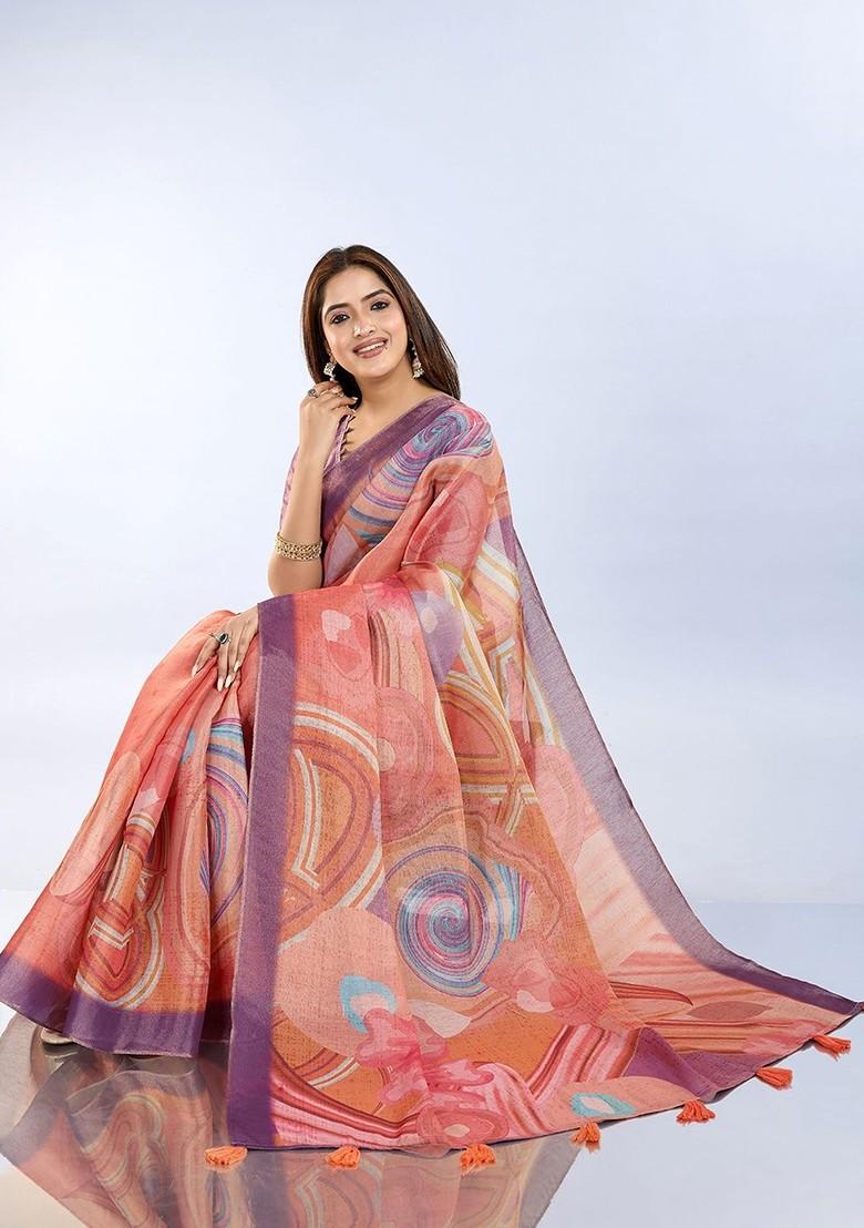 Multi Printed Blended Saree Set