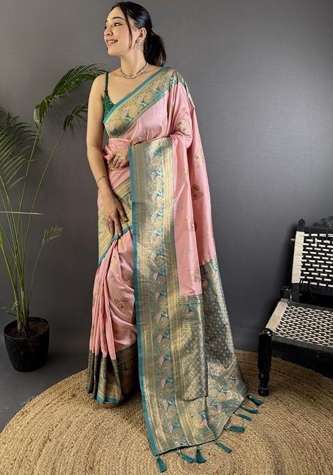 Pink Embroidered Blended Saree Set