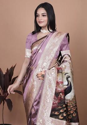 Purple Jacquard Blended Saree Set